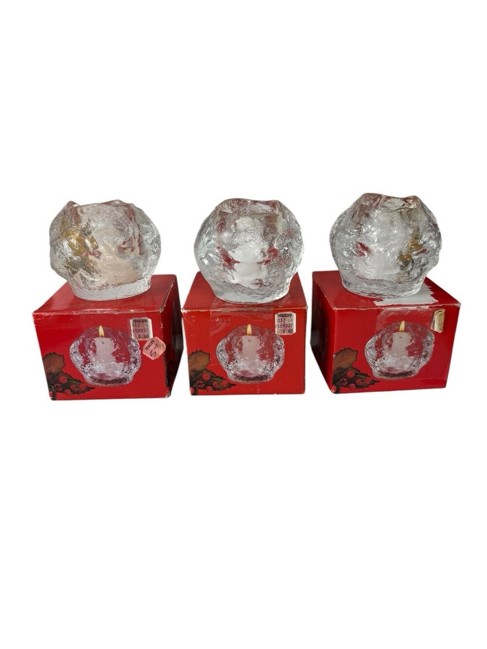 Vintage Ice Cube Snowball Glass Candle Holders Set of 3 Made in Taiwan w/ Boxes